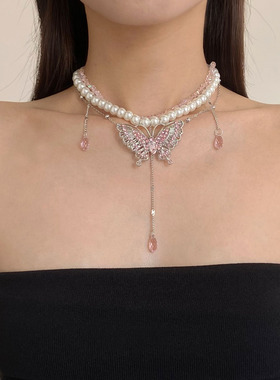 叠戴双层高级感粉色蝴蝶珍珠项链