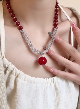 复古红色玛瑙串珠锆石吊坠项链女轻奢高级感新年红超闪毛衣链颈链