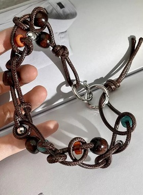 国潮美拉德风棕色皮绳项链多元素木珠手工编织颈链choker锁骨链女