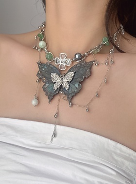 深蓝夸张蝴蝶流苏项链女辣妹甜酷