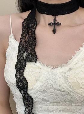 纯欲风蕾丝花边系绳项链女高级感暗黑十字架氛围感气质领巾毛衣链