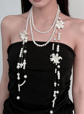 法式浪漫白贝壳花朵珍珠流苏项链
