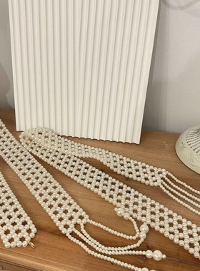 复古编织珍珠链流苏围巾项链女国风旗袍汉服装饰飘带毛衣链配饰