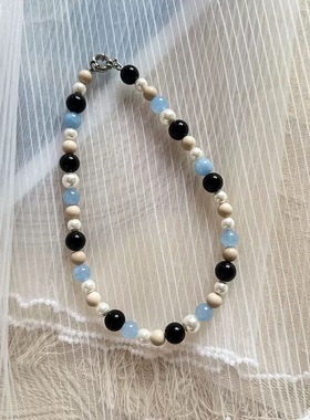 蓝色海蓝宝串珠珍珠海边度假项链女配饰秋高级感轻奢小众锁骨颈链