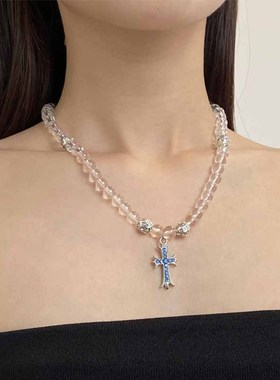 透明串珠蓝色十字架项链锁骨链女