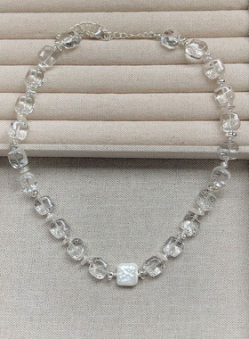 透明清凉白水晶方形珍珠项链女