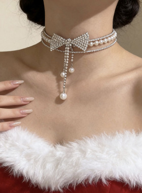 超闪满钻蝴蝶结珍珠锁骨链项链女