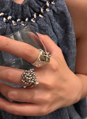 朋克风金属流苏圆珠球串珠开口戒指女复古天然石蓝水晶镶嵌指环