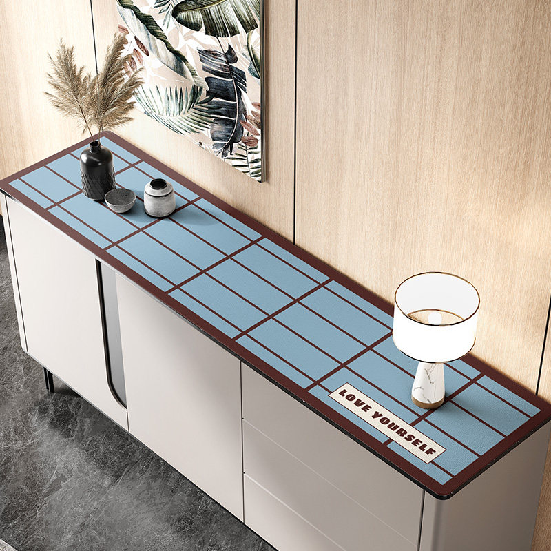 蓝色格纹皮革餐边柜垫防水茶几电视柜桌面盖布厨房免洗耐脏防尘垫,淘宝优惠券,粉丝福利购,淘宝优惠卷