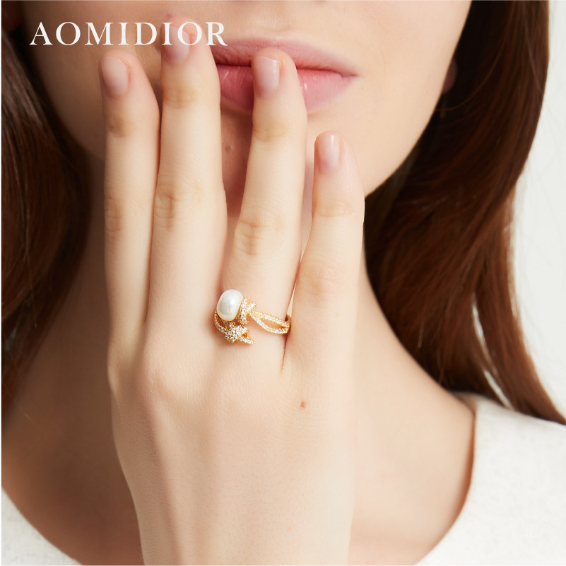 奥米迪奥绳结镶钻珍珠气质开口戒指 aomidior戒指/指环
