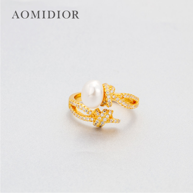 奥米迪奥绳结镶钻珍珠气质开口戒指 aomidior戒指/指环