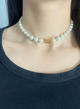 奥米迪奥金属字母D珍珠项链新款