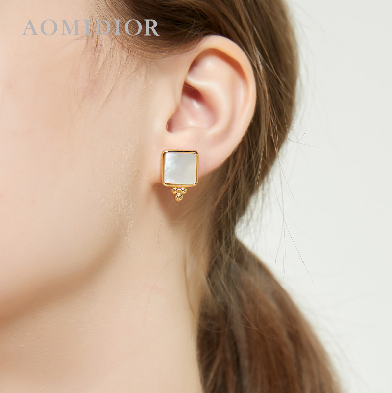 奥米迪奥四方形几何孔雀石珍珠耳钉 aomidior耳钉