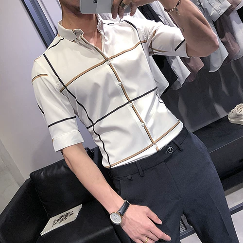 Рубашка, трендовая куртка, короткий рукав, облегающий крой, в корейском стиле