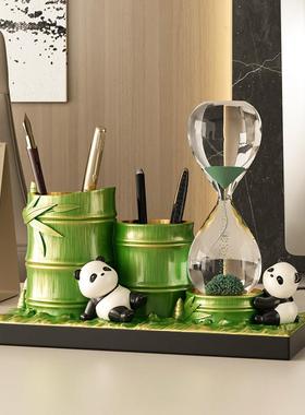 熊猫文创节节高升笔筒沙漏摆件办公室桌面装饰中国特色教师节礼物