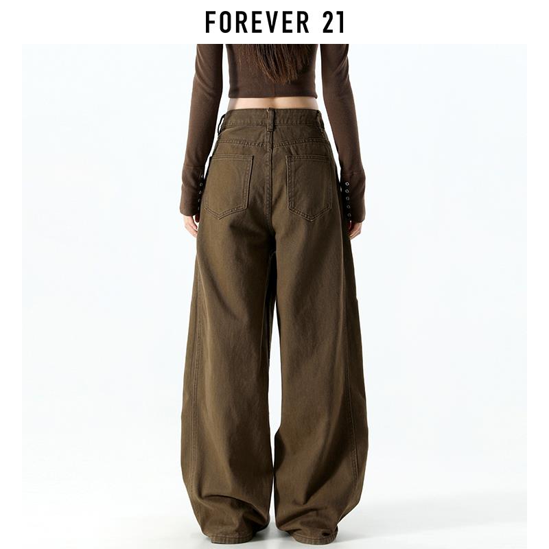 Forever 21美式覆古棕色阔腿牛仔裤女秋新款低腰美拉德工装直筒裤 - 图3