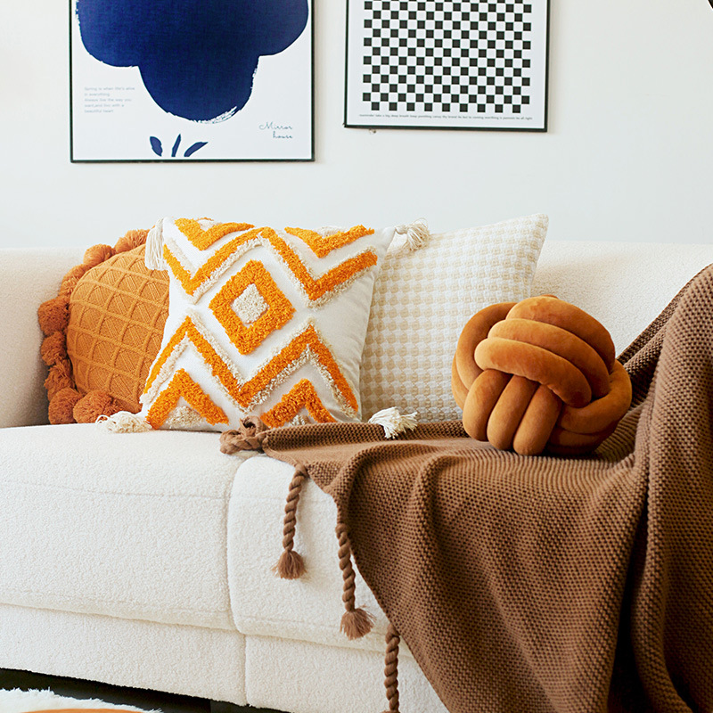 轻奢现代针织抱枕套沙发客厅北欧ins花朵蒲团靠枕橘色流苏床头靠 - 图1