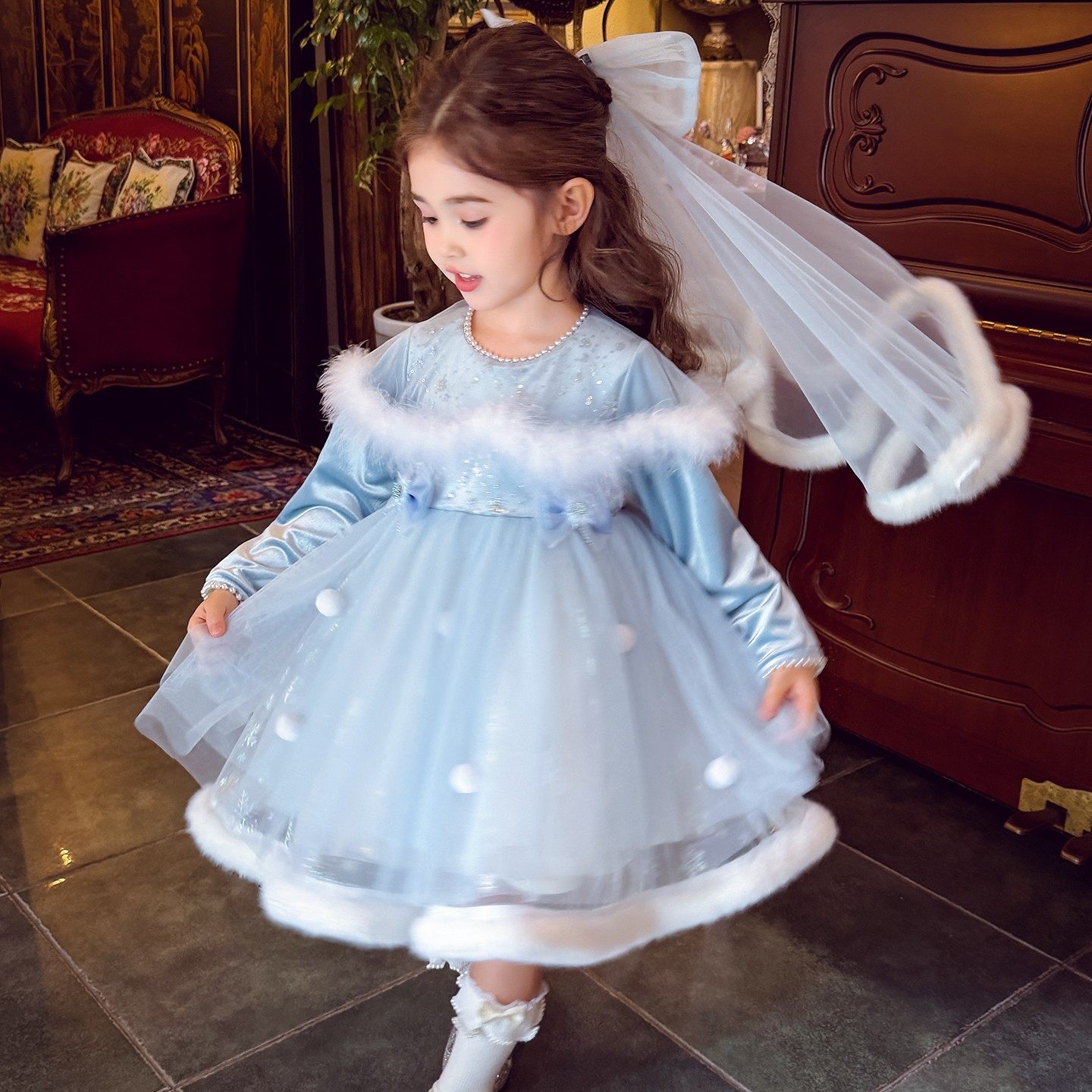 女童公主连衣裙冬装2025新款韩版加绒蓝色生日礼服裙小女孩蓬蓬裙,淘宝优惠券,粉丝福利购,淘宝优惠卷