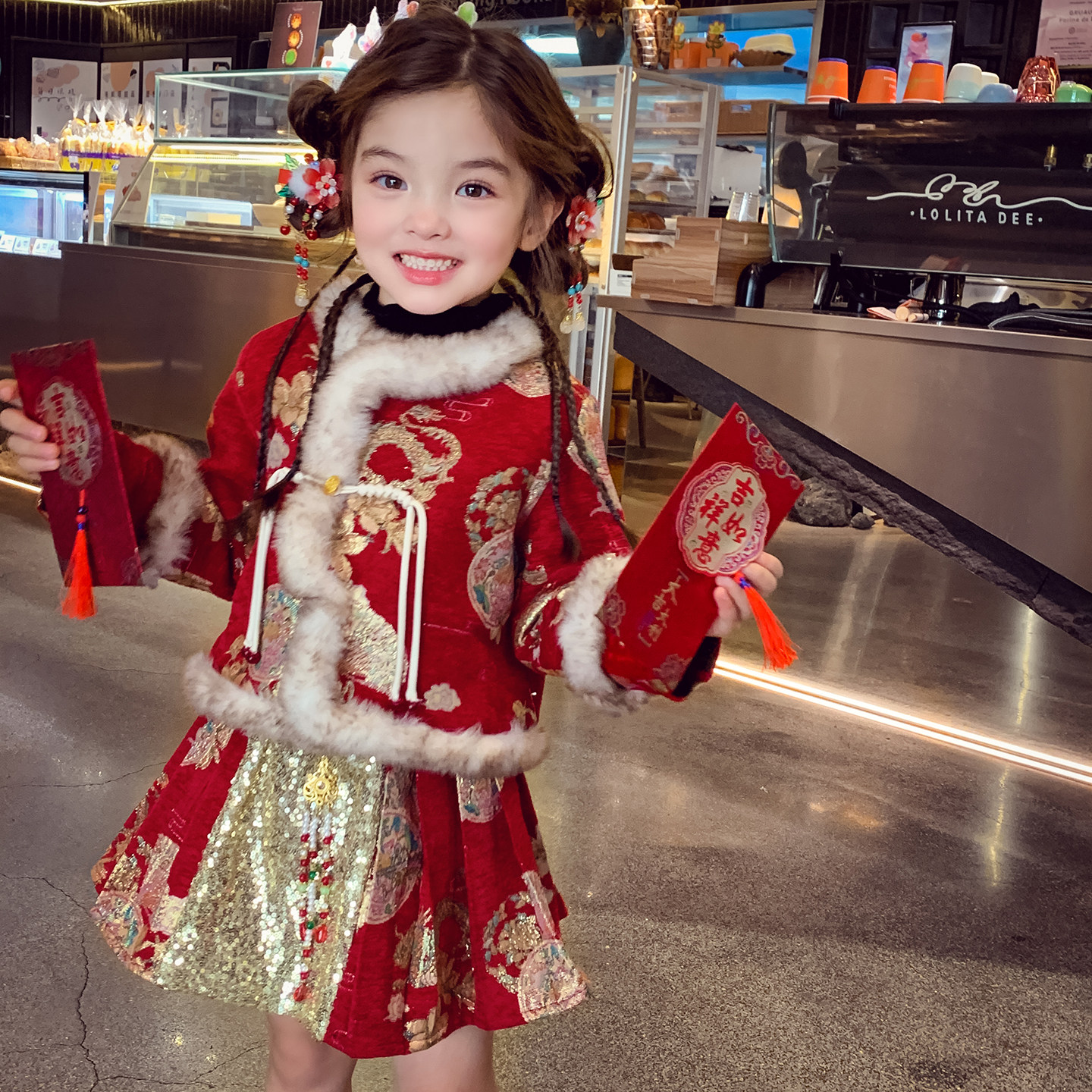 女童新年红色套装冬装2025新款新中式外套女孩国风拜年短裙两件套,淘宝优惠券,粉丝福利购,淘宝优惠卷