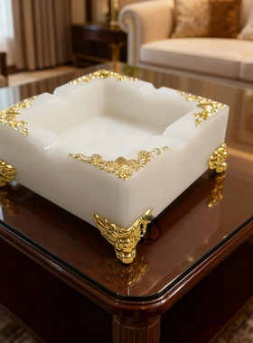 天然白玉石高档ktv酒店宾馆中式烟灰缸创意家用客厅大号办公摆件