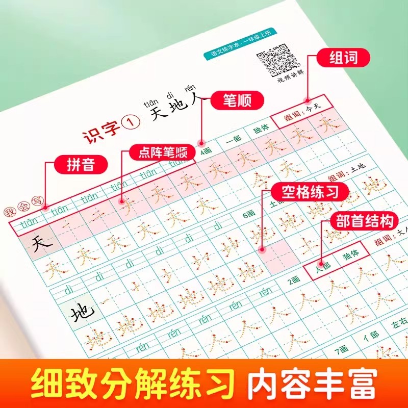 1-6年级语文同步练字帖一二三四五六年级上册下册人教版点阵描红课本同步字帖本邹慕白小学生专用每日一练楷书硬笔书法视频教学!