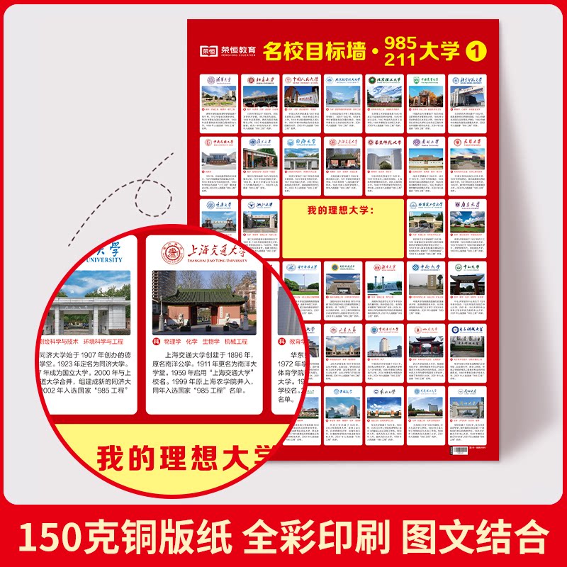 名校目标墙贴985/211全套3张985211大学介绍全国优质百所名校目标墙高考目标大学墙贴高中教室布置墙挂图墙贴高考志愿填报指NA2024