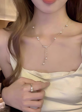蝴蝶结珍珠流苏项链女款锁骨精致