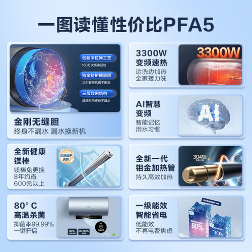 海尔热水器电家用卫生间60升80L变频速热洗澡一级节能PFA5租房100 - 图0