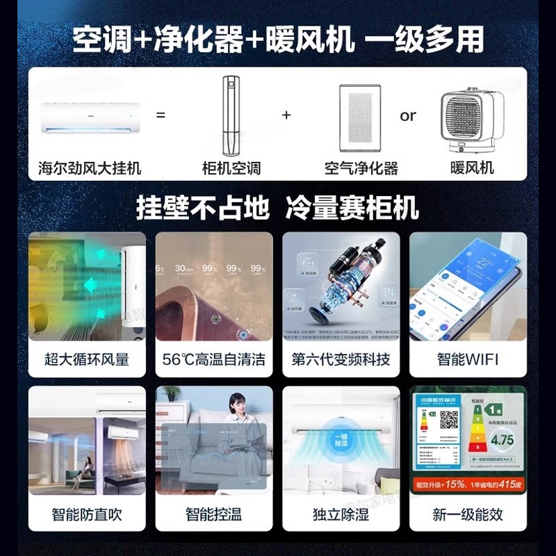 海尔空调3匹2匹P大挂机空调新一级能效空调除菌空调雷神者72KEA81