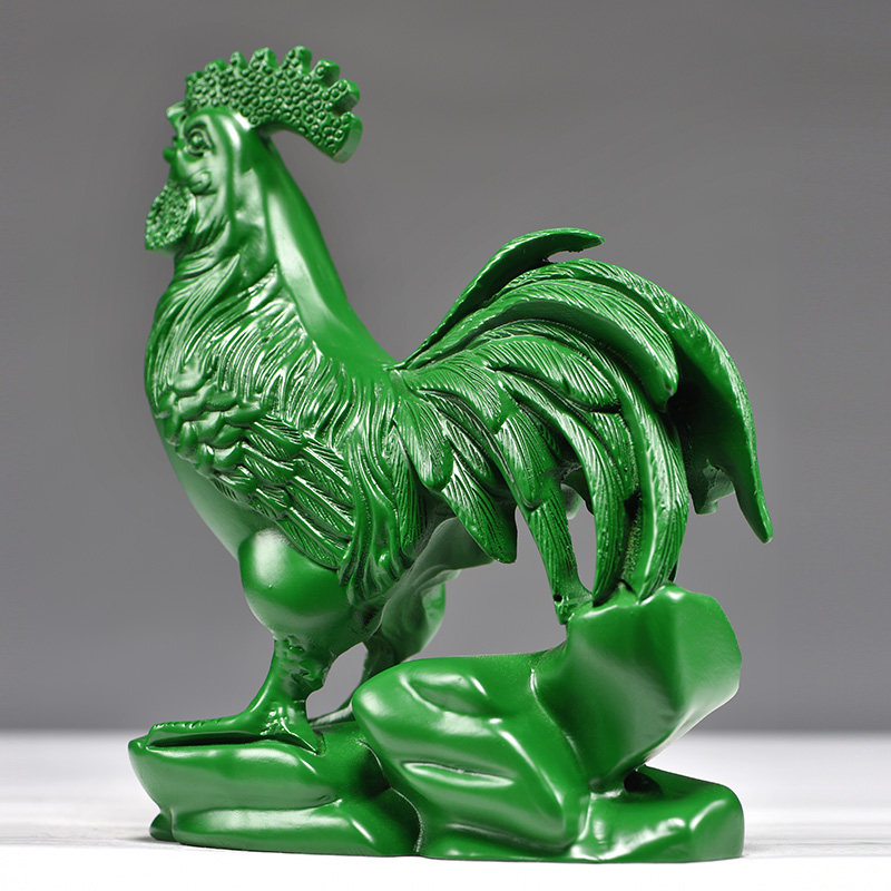 绿色木鸡摆件实木雕刻木质大公鸡生肖动物办公装饰摆设送礼工艺品