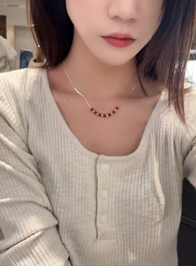 0402韩国东大门代购h925纯银串珠项链 锁骨链通体银红色珠珠轻奢