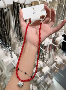 0918韩国东大门代购earlobe红色串珠项链锁骨链爱心吊坠气质时尚
