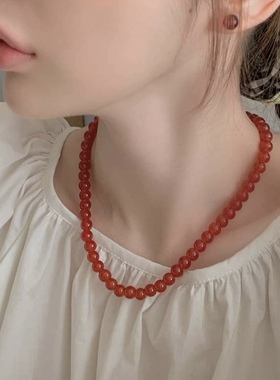 0317韩国东大门代购earlobe橘红珠珠项链 纯色纯手工复古优雅百搭