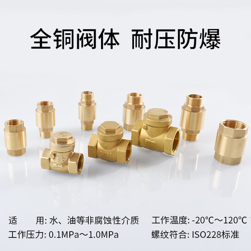 全铜4分立式止回阀弹簧单向阀6分1寸内外丝铜杆止水阀卧式逆止阀 - 图0