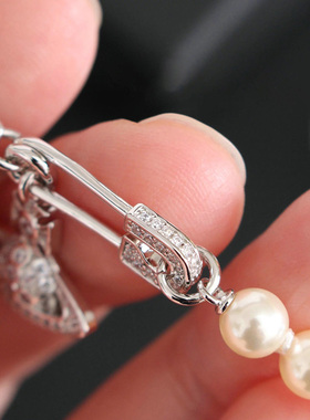 土星珍珠项链女别针立体星球颈链镶钻复古毛衣链小众设计锁骨链女