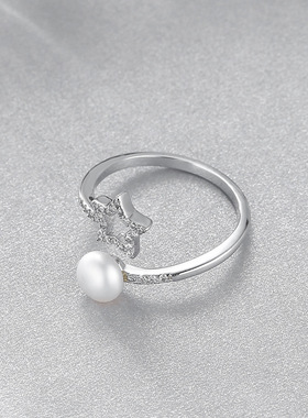 日系coss koko新款s925银简约开口指环可调节简约星星珍珠戒指