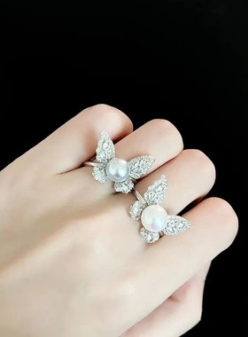 日系coss kokos925银珍珠戒指女时尚通勤轻奢气质蝴蝶指环空托