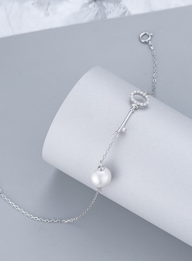 日系coss koko新款s925银钥匙手链轻奢时尚珍珠手饰diy空托