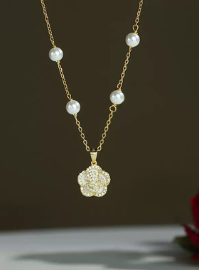 日系coss koko法式小香风山茶花珍珠项链925银轻奢小众高级感