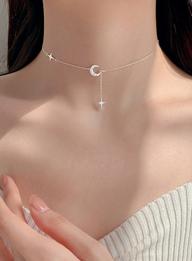 日系coss kokos925银磨砂月亮项链女星星吊坠轻奢锁骨链简约小众