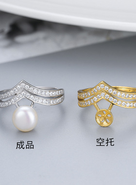 日系coss koko版时尚淡水珍珠戒指s925银v形微镶开口指环diy银