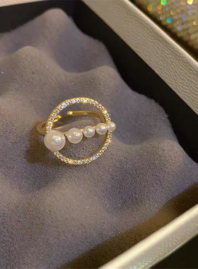 韩国东大圆形复古几何珍珠戒指