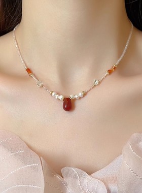 红色水滴淡水珍珠项链女新款