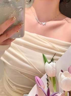 春夏白色贝母闪锆蝴蝶项链
