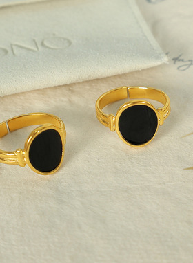 熹薇森林欧美ins跨境钛钢戒指法式黑色滴油简约百搭开口指环小众