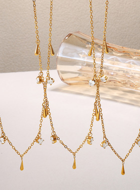 熹薇森林精品欧美温柔甜美风镶锆石吊坠项链不锈钢镀18K金锁骨链