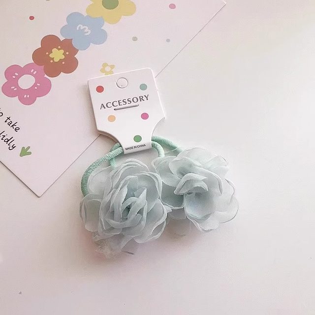 2025 New Fresh and Sweet Girl Fabric Flower Headwear Mesh Hair Tie Rubber Band Double Ponytail Hair Circle Headband