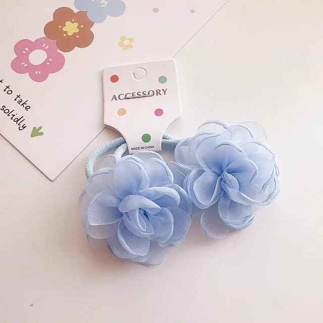 2025 New Fresh and Sweet Girl Fabric Flower Headwear Mesh Hair Tie Rubber Band Double Ponytail Hair Circle Headband