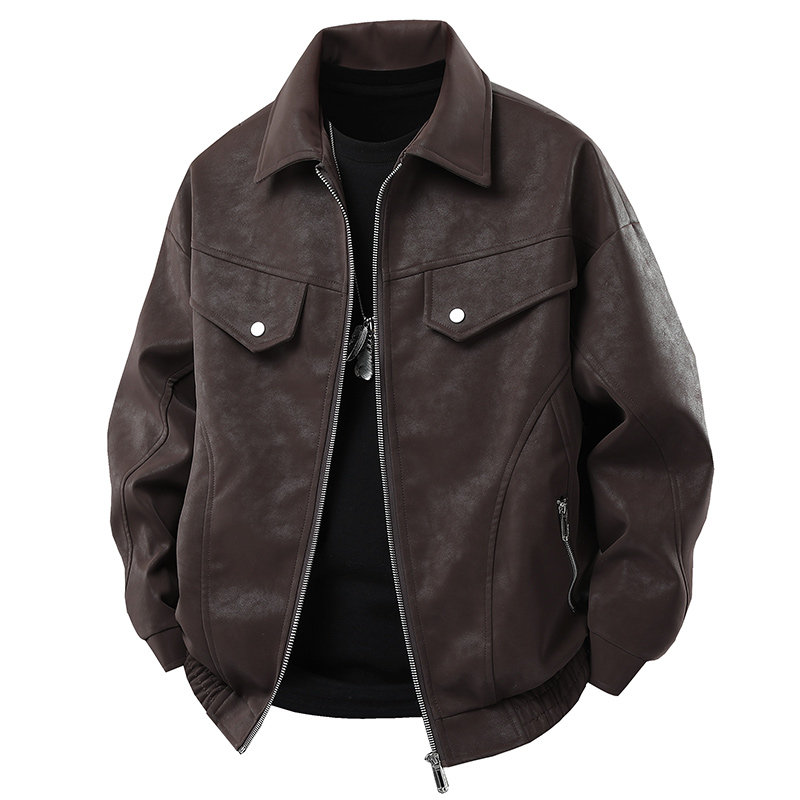 罗蒙美式潮牌PU皮夹克男春秋款重磅复古皮衣外套春季翻领男士上衣