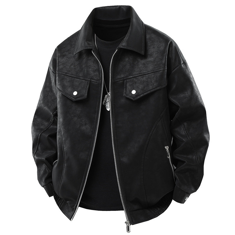罗蒙美式潮牌PU皮夹克男春秋款重磅复古皮衣外套春季翻领男士上衣